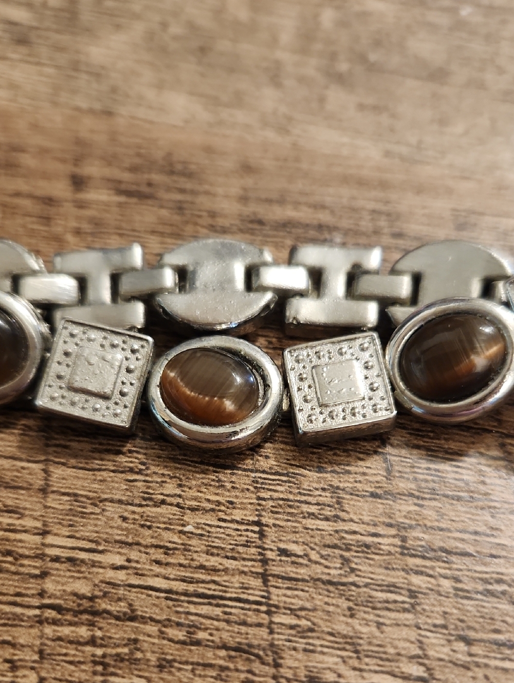 Silver-Tone Brown Stone Link Bracelet